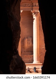 Petra, Jordan, January 2020: Close Up View On Façade Of The Treasury Building  In Petra From The Siq. 