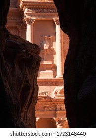 Petra, Jordan, January 2020: Close Up View On Façade Of The Treasury Building  In Petra From The Siq. 