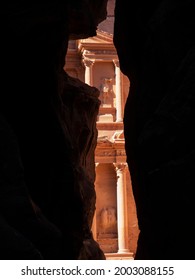 Petra, Jordan, January 2020: Close Up View On Façade Of The Treasury Building  In Petra From The Siq. 