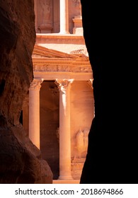 Petra, Jordan, January 2020: Close Up View On Façade Of The Treasury Building  In Petra From The Siq. 