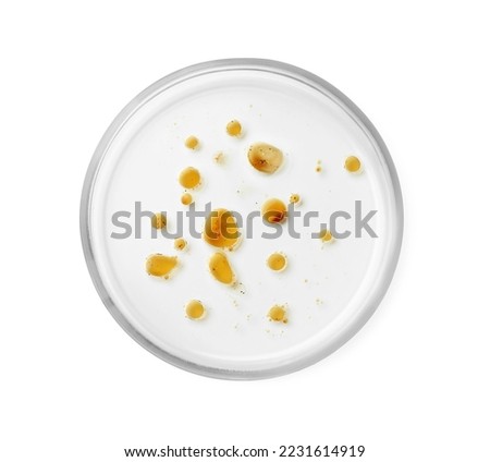 Petri dish with bacteria on white background, top view