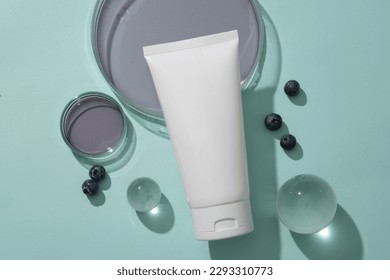 Petri dish containing purple liquid displayed with glass balls, blueberries and a tube. Blueberry (Vaccinium Corymbosum) is actually a multifunctional fruit that helps solve many issues for skin