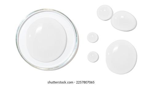 Petri dish. large drops of transparent gel or serum or water, on a white background, top view, isolated