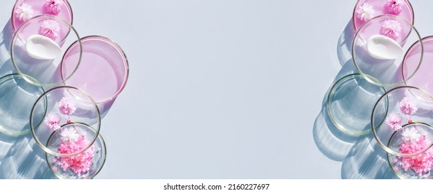 petri dish pattern with cosmetic samples on a light background