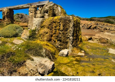 The petrified   calcified Cape Leeuwin water wheel  once used to pump water to lighthouse  in Leeuwin  Naturaliste National Park  Augusta  Western Australia
