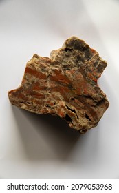 Petrified wood with red tones set on a white background.