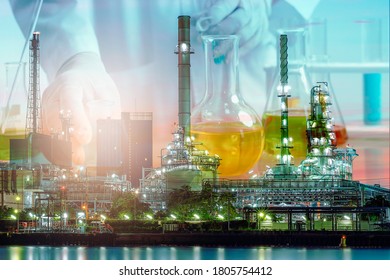 Petrochemical Concept Composite Image Of Laboratory Testing Tube On The Oil&Gas Refinery Background Showing The Concept Of High Quality Control Of Product