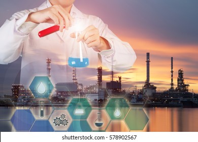 Petrochemical industry concept, Investigator checking test chemical tubes with virtual interface technology for management