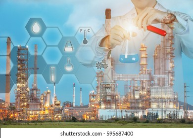 Petrochemical industry concept, Investigator checking test chemical tubes with virtual interface background