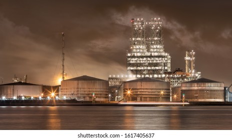 Petrochemical Production Plant At Night, Port Of Antwerp, Belgium