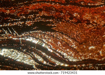 Petrographic thin section under the microscope and with polarized light. Thin sections are geological samples. The rock is an iron ore from the Banded Iron formation of Precambrian age. 