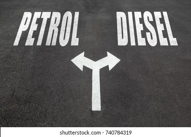 Petrol Vs Diesel Choice Concept, Two Direction Arrows On Asphalt.  