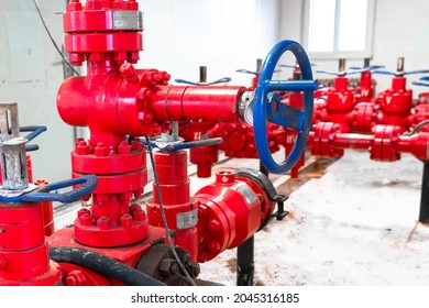 Petroleum oil and gas drilling equipment. Choke and kill manifolds are wellhead equipments that are assembled on the blowoul preventer units. Piping and valve system on offshore wellhead platform.