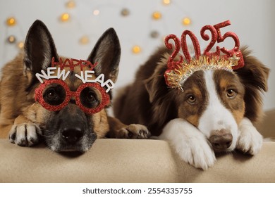 Pets celebrate New year and Christmas. German Shepherd wears red glasses with inscription - happy new year, and Australian Shepherd wears a headband with numbers 2025 on head while lie on sofa - Powered by Shutterstock