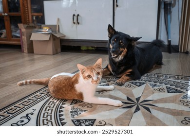 Pets living together in the home. Naughty Orange And White Tabby Cat with Black and brown mongrel dog laying down on the tiled floor in the house with bright, happy eyes. - Powered by Shutterstock