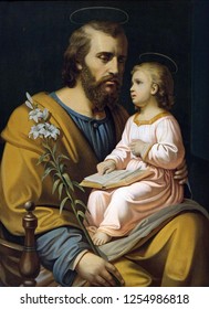 PETSCHIED, ITALY - JULY 14, 2018: Saint Joseph holding child Jesus, painting in the Saint Nicholas church in Petschied near Luson, Italy