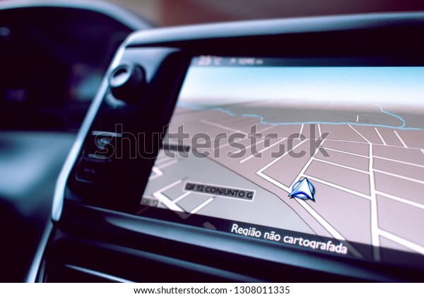 Peugeot.\
Technology, Gps. Car gps navigator Peugeot 208 / 2014. Brasilia -\
Federal District, Brazil. 02/08/2019.\
