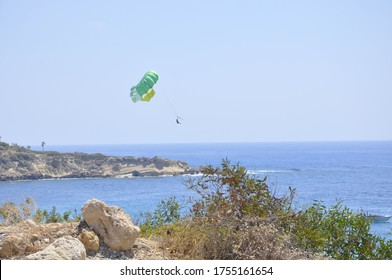 Peyia, Cyprus - August 16, 2018: Parasailing At Coral Bay In Cyprus