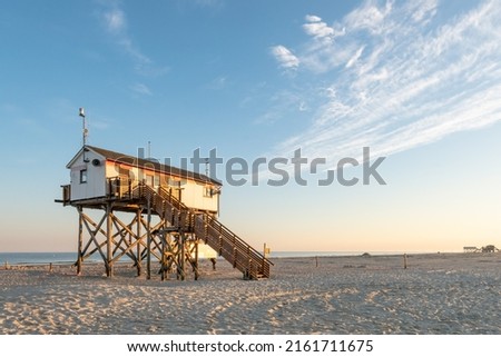 Pfahlbauten (stilt houses) near the North Sea Coast, Sankt Peter-Ording, Schleswig-Holstein, Germany