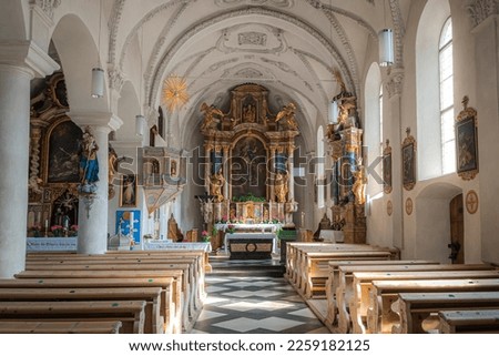 Pfarrkirche Moos in Passeier interior (Church of Moso in Passiria) a little alpine church in a village in near Meran in South Tyrol, Südtirol, Trentino Alto Adige, Italy