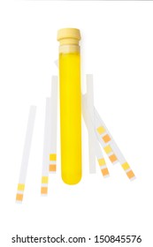 PH Litmus Test Strip And Urine In Test Tube Isolated On White Background. 