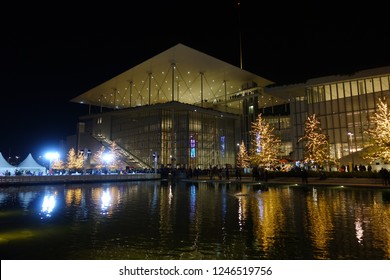 Phaleron, Attica / Greece - December 01 2018: Night shot of festive illuminated Christmas time public settlement of Stavros Niarchos foundation and cultural center - Shutterstock ID 1246519756