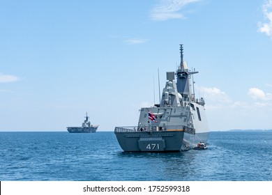 PHANG NGA, THAILAND - APRIL 3, 2019 : HTMS Bhumibol Adulyadej (FFG471) And HTMS Chakri Naruebeth Of Royal Thai Navy Anchor In The Sea During Phang Nga Port Visit.