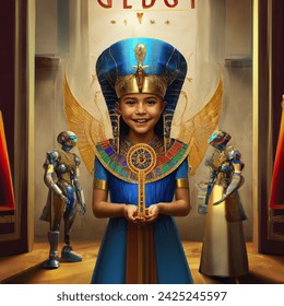 Pharaonic symbol, vibrant Key of Life, joyous children dressed in Egyptian attire, holding ancient symbol adorned with robot blueprints, celebration, event invitation design, programming code woven into intricate design, intellectual creativity, panoramic