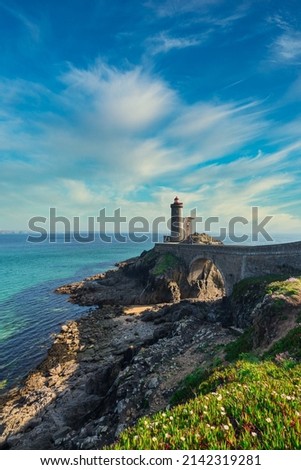 Phare du Petit Minou in Plouzane panoramic view at day time with cloudy sky. Brittany, France. 