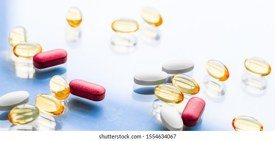 Pharma, Branding And Lab Concept - Pills And Capsules For Diet Nutrition, Anti-aging Beauty Supplements, Probiotic Drugs, Pill Vitamins As Medicine And Healthcare Cosmetics, Pharmacy Brand Background