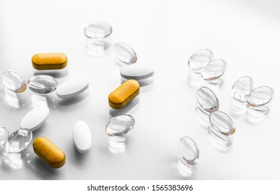 Pharma, Branding And Lab Concept - Pills And Capsules For Diet Nutrition, Anti-aging Beauty Supplements, Probiotic Drugs, Pill Vitamins As Medicine And Healthcare Cosmetics, Pharmacy Brand Background