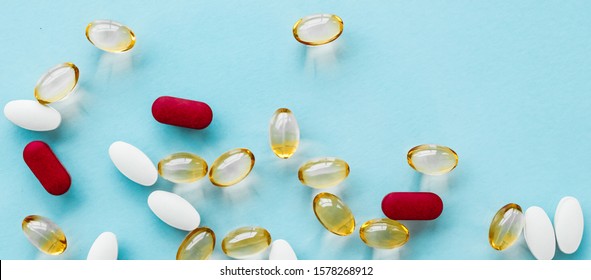 Pharma, Branding And Lab Concept - Pills And Capsules For Diet Nutrition, Anti-aging Beauty Supplements, Probiotic Drugs, Pill Vitamins As Medicine And Healthcare Cosmetics, Pharmacy Brand Background