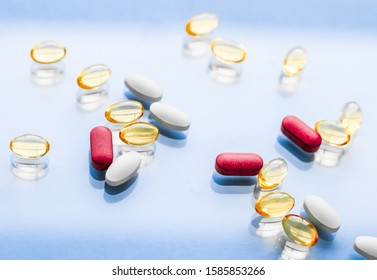 Pharma, Branding And Lab Concept - Pills And Capsules For Diet Nutrition, Anti-aging Beauty Supplements, Probiotic Drugs, Pill Vitamins As Medicine And Healthcare Cosmetics, Pharmacy Brand Background