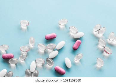 Pharma, Branding And Lab Concept - Pills And Capsules For Diet Nutrition, Anti-aging Beauty Supplements, Probiotic Drugs, Pill Vitamins As Medicine And Healthcare Cosmetics, Pharmacy Brand Background