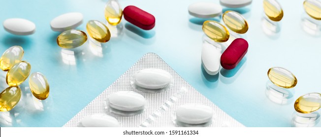 Pharma, Branding And Lab Concept - Pills And Capsules For Diet Nutrition, Anti-aging Beauty Supplements, Probiotic Drugs, Pill Vitamins As Medicine And Healthcare Cosmetics, Pharmacy Brand Background