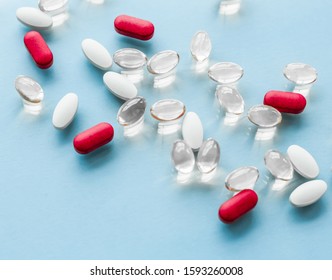 Pharma, Branding And Lab Concept - Pills And Capsules For Diet Nutrition, Anti-aging Beauty Supplements, Probiotic Drugs, Pill Vitamins As Medicine And Healthcare Cosmetics, Pharmacy Brand Background