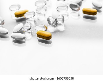 Pharma, Branding And Lab Concept - Pills And Capsules For Diet Nutrition, Anti-aging Beauty Supplements, Probiotic Drugs, Pill Vitamins As Medicine And Healthcare Cosmetics, Pharmacy Brand Background