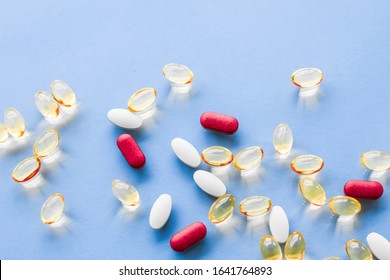 Pharma, Branding And Lab Concept - Pills And Capsules For Diet Nutrition, Anti-aging Beauty Supplements, Probiotic Drugs, Pill Vitamins As Medicine And Healthcare Cosmetics, Pharmacy Brand Background