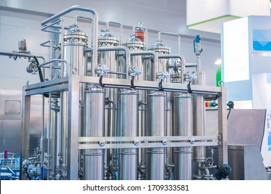 Pharmaceutical Automatic Production Equipment At Modern Pharmacy Factory Or Exhibition. Manufacturing, Pharma Industry, Medicine And Automated Technology Concept