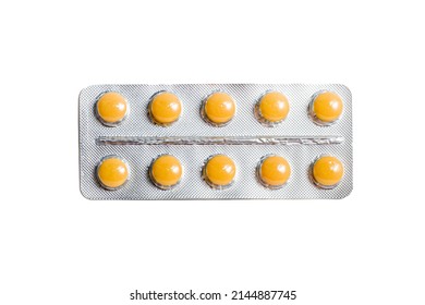 Pharmaceutical blister pack. Pack of pills with tablets. Blister pack of yellow pills isolated on a white background. Pills package. - Shutterstock ID 2144887745
