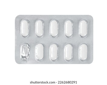 Pharmaceutical drugs in started silver blister packing with one used pill, panel packs isolated on white background. Clipping path, close up. - Powered by Shutterstock