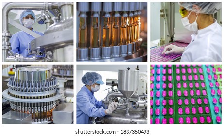 Pharmaceutical And Medicine Manufacturing Photo Collage. Pharmaceutical Factory Workers At Work On The Production Line. Vaccine Manufacturing. Medical Drug Production.