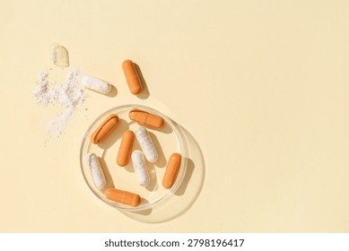 Pharmaceutical research and development with open capsule and powder on petri dish, medical science and drug discovery, pharmaceutical research and development involves the study of new medicines