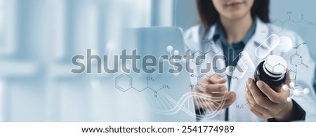 Pharmaceutical technology, medical research, medical science and technology concept. medical researcher holding medicine bottle with biochemistry science and analysis