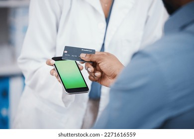 Pharmacist, credit card and phone green screen for payment, medicine purchase or medical finance for life insurance mockup. Zoom, patient and customer with banking technology, NFC or pharmacy woman