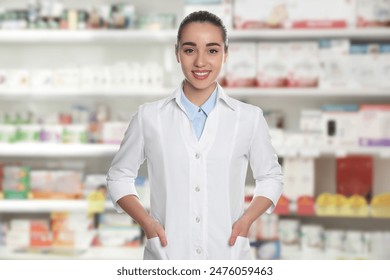 Pharmacist in drugstore. Happy woman in uniform indoors - Powered by Shutterstock