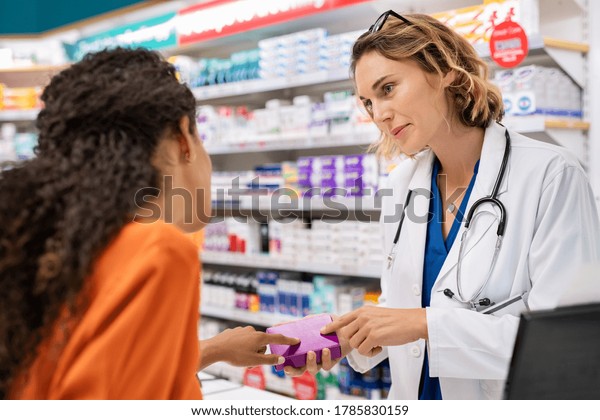 Pharmacist Giving Medicine Box Customer Pharmacy Stock Photo 1785830159 ...