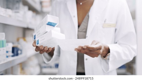 Pharmacist, hands and checking list with box for medication, prescription or drugs at pharmacy. Closeup of healthcare person with medical note for pharmaceutical products at dispensary or store - Powered by Shutterstock