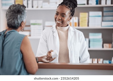 Pharmacist, pharmacy and customer for medicine service, healthcare advice and clinic solution or support by counter. African doctor, women or medical people with box of pills, product or retail drugs - Powered by Shutterstock