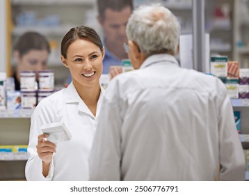 Pharmacist, woman and help with senior man, customer and assist with medication, tablets and smile. Pharmaceuticals, drugstore and dispensary with client, friendly professional and healthcare service - Powered by Shutterstock